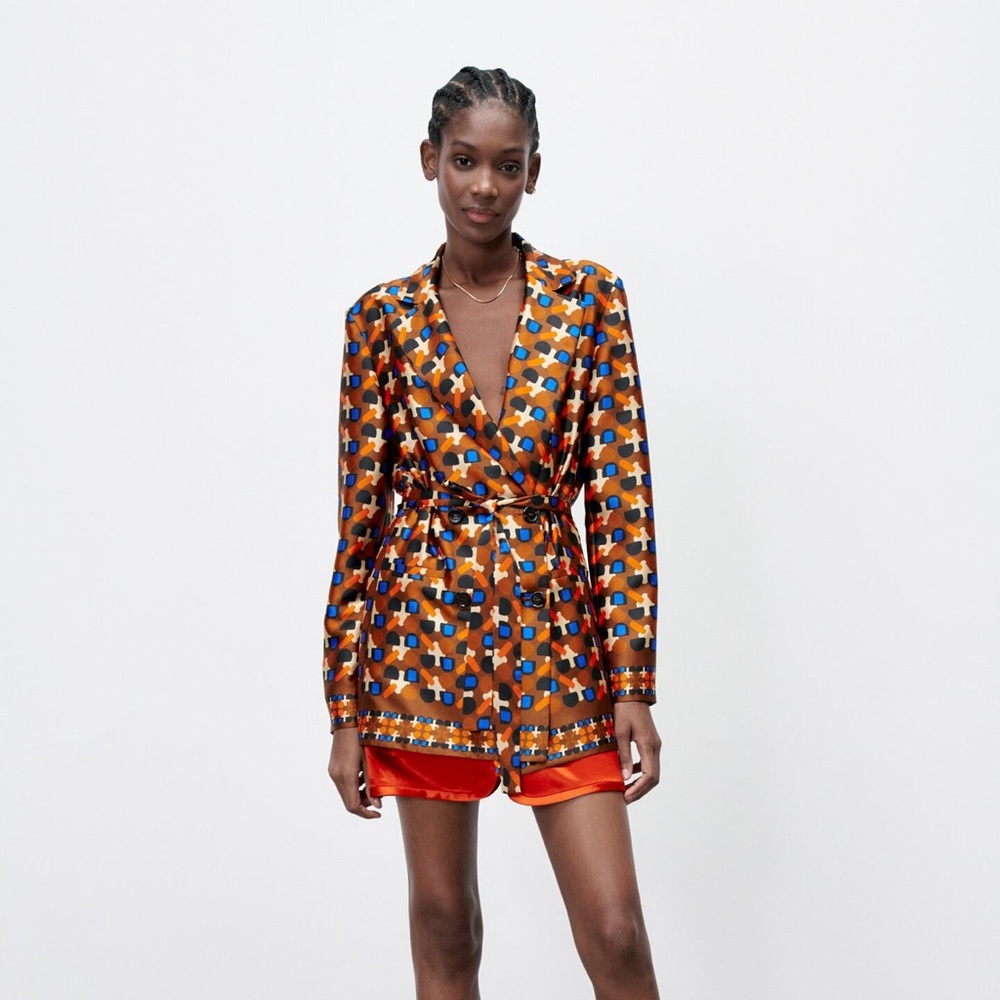 Zara Satin Printed Blazer with Belt Size Large